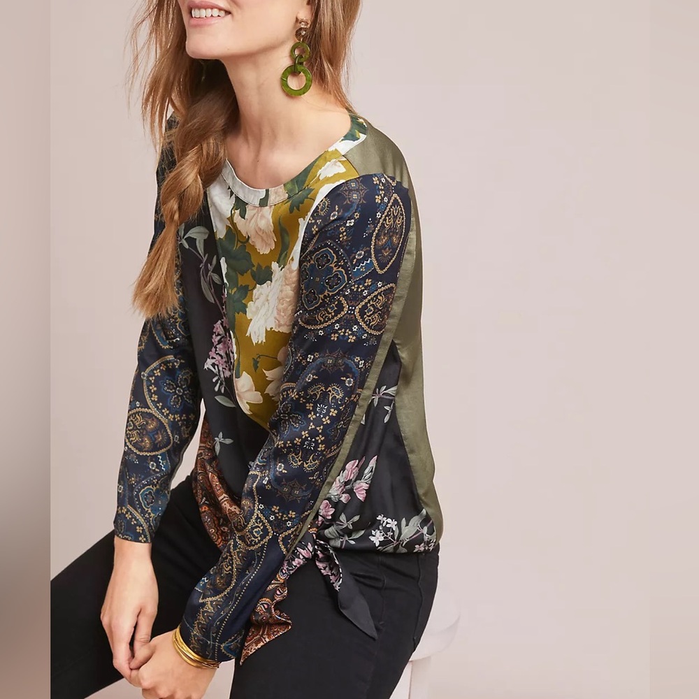 Anthropologie Tiny Patchwork Blooms Tie Waist Blo… - image 4